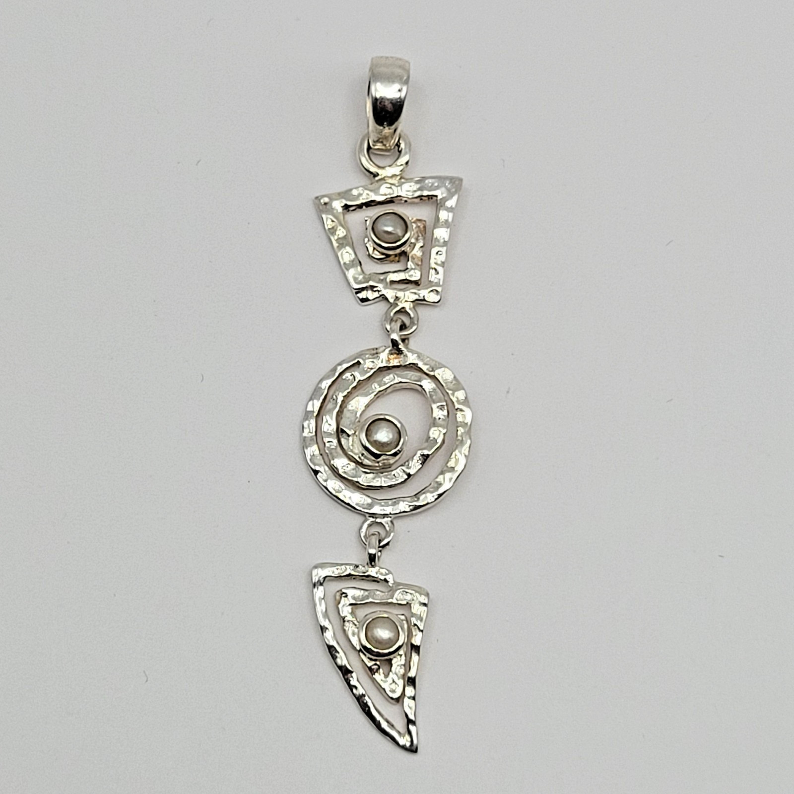 Sterling Silver Geometric Swirl Pearl Pendant ~ 2.25″