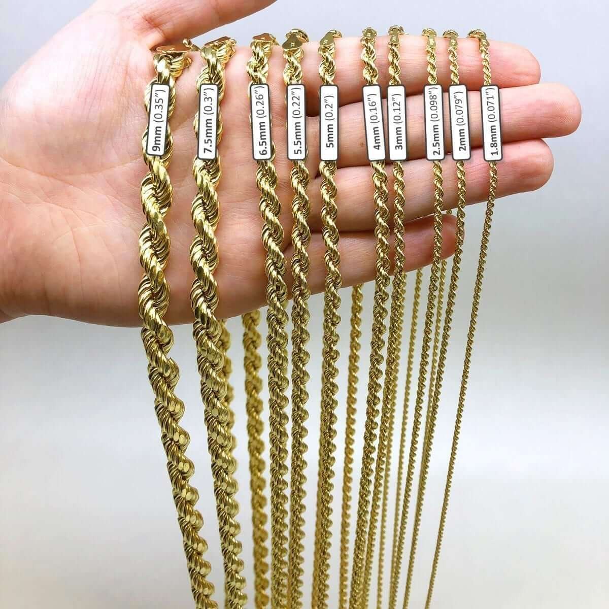 10K Real Gold 1.8mm-9mm Hollow Rope Chain Necklace 16″-30″