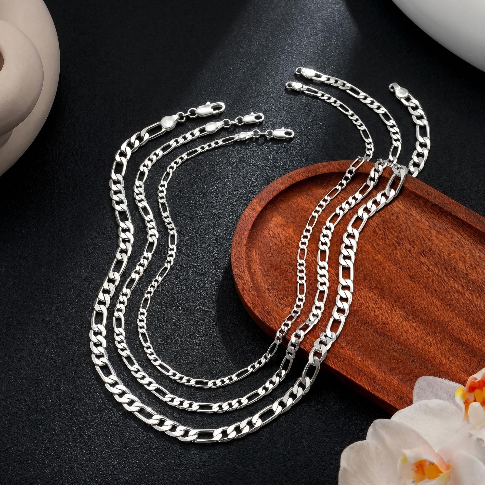 Silver Figaro Chain Necklace for Men & Women, 925 Sterling Silver, Diamond Cut,