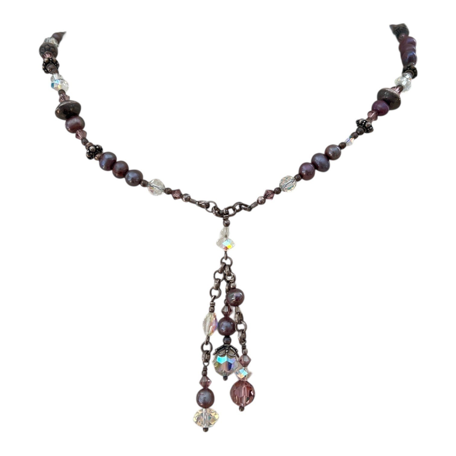 Tres Jolie Signed Sterling Silver Pearl & Crystal Tassel Beaded Necklace 18″