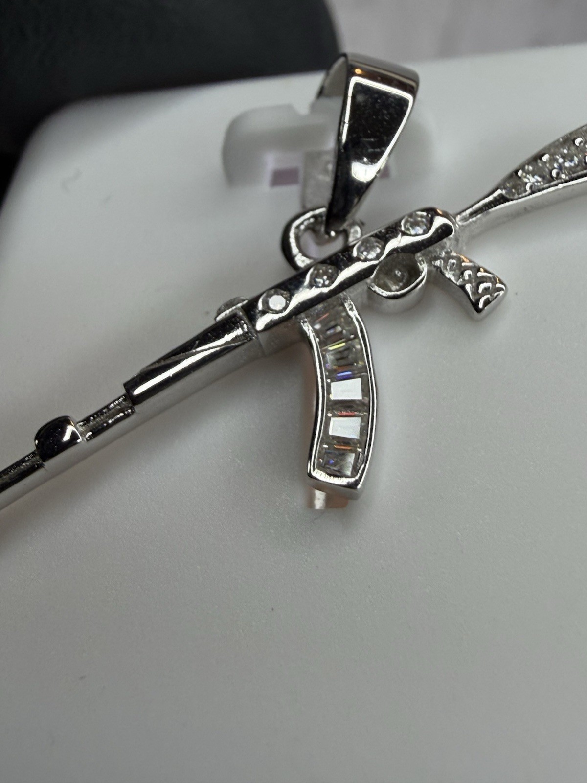 925 Sterling Silver White/Colorless Moissanite AK-47 Rifle Charm Pendant 0.50CTW