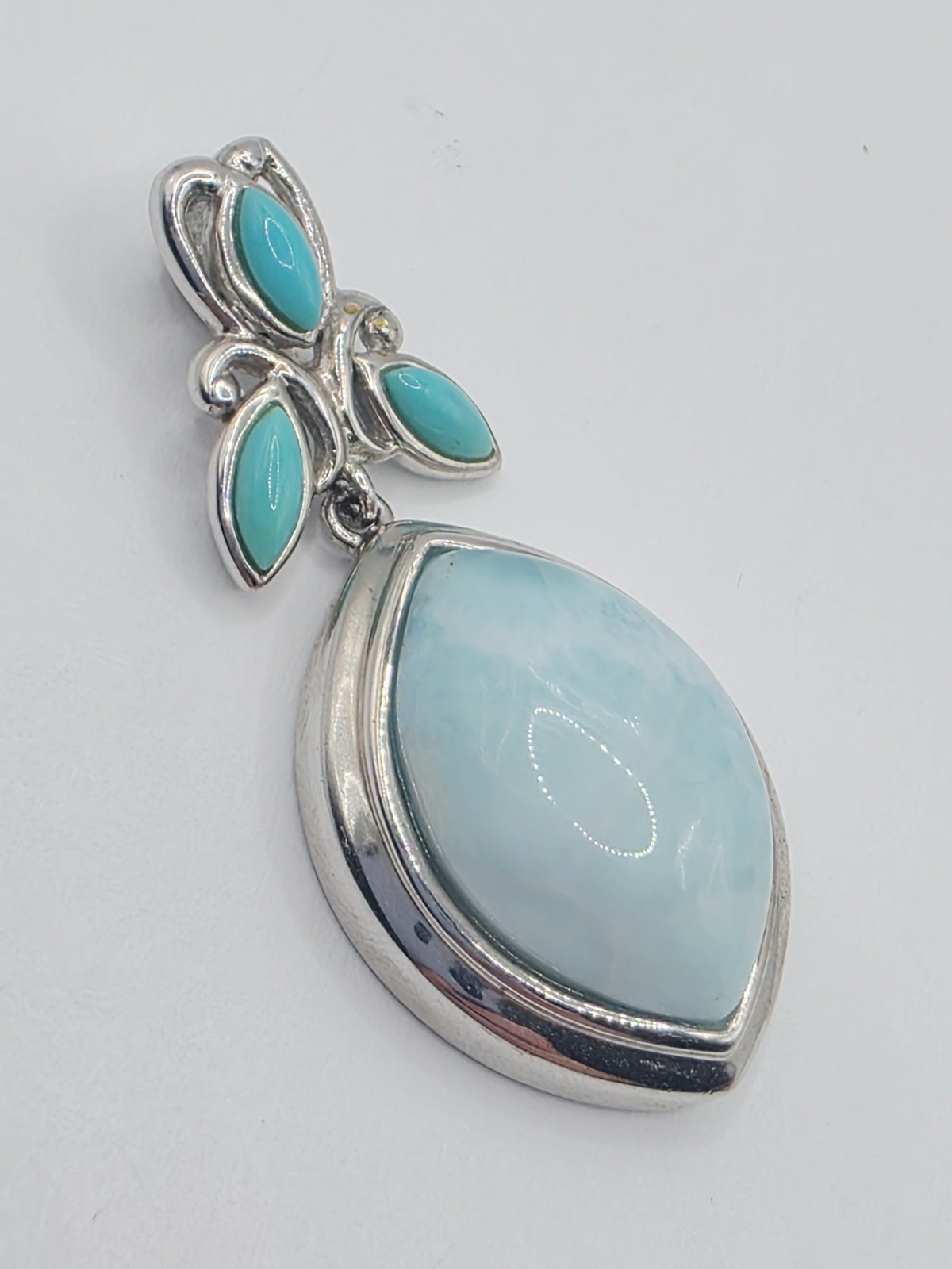 BBJ 925 Sterling Silver Larimar Pendant Thailand Blue Gemstone 9.2g Floral Leaf