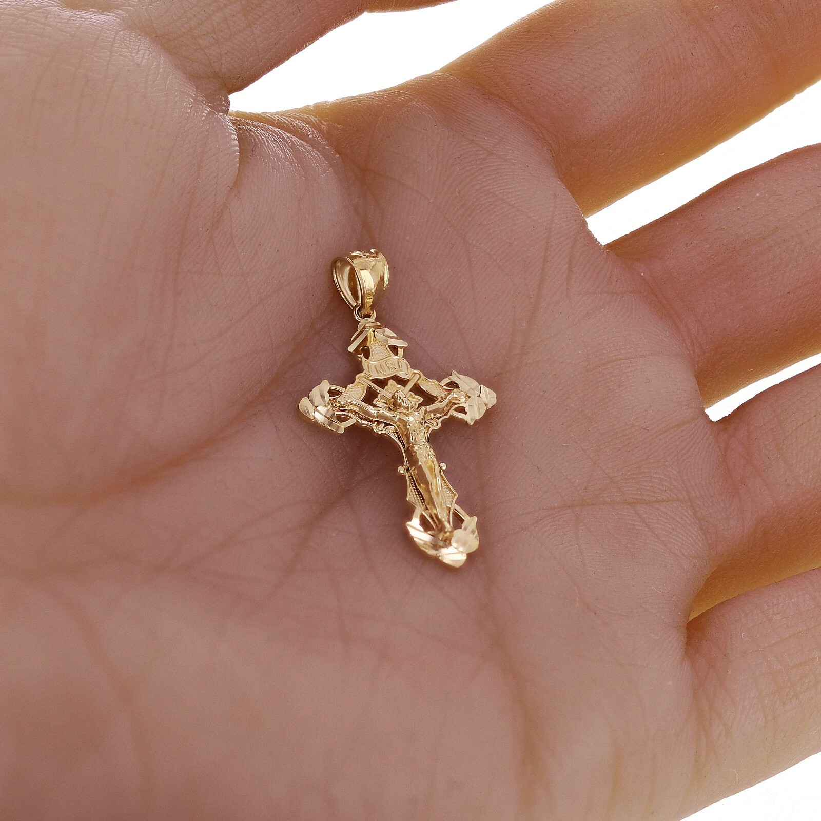 14k Yellow Gold Crucifix INRI Jesus Christ 3D Cross Pendant 1.4″ 2 grams