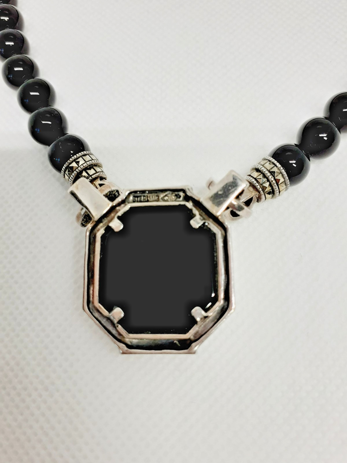 VTG. 925 Sterling Silver Marcasite Signed Judith Jack Blk. Onyx Pendant Necklace