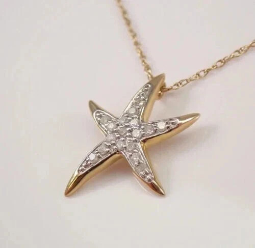 1Ct Lab Created Diamond Round STARFISH Pendant 14K Yellow Gold Plated 18” Chain