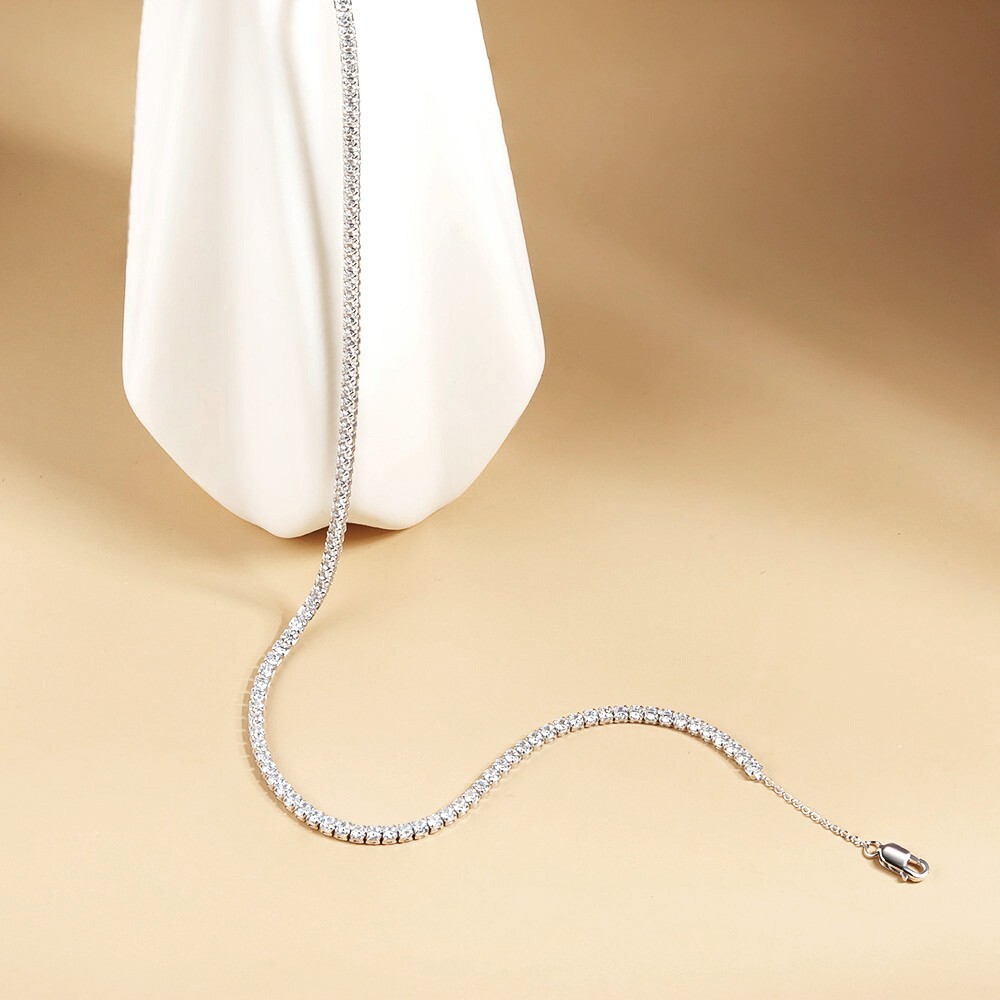 2mm Moissanite Tennis Chain Necklace 925 Sterling Silver Plated 14K White Gold