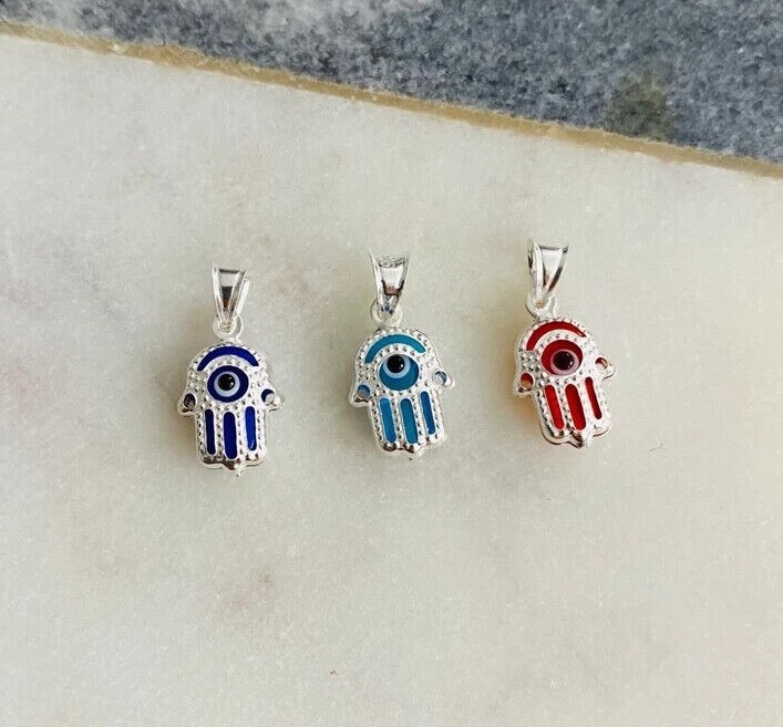 925 Sterling Silver Murano Glass 16mm Hamsa Fatima Hand Pendant- P145