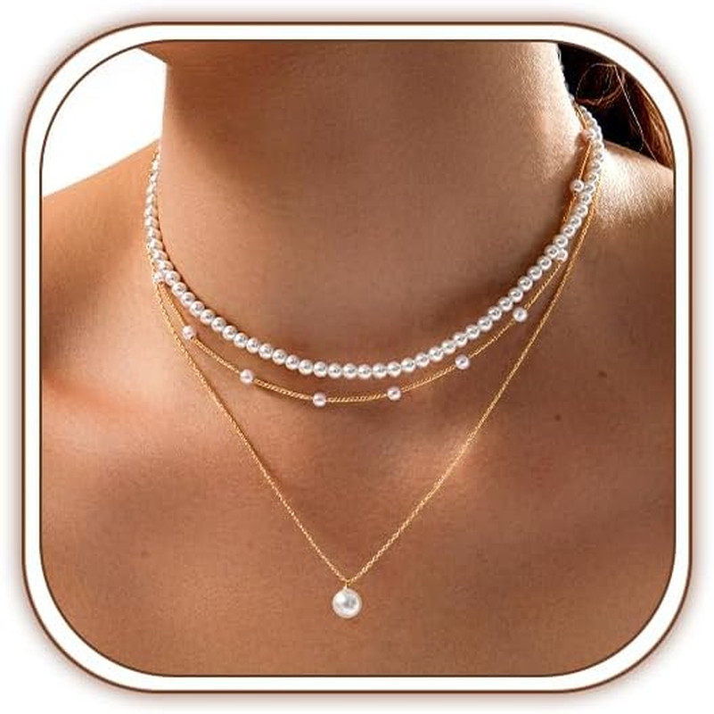 Gold Pearl Necklace for Women, Dainty 14K Gold/Silve Plated Layered Pearl Choker