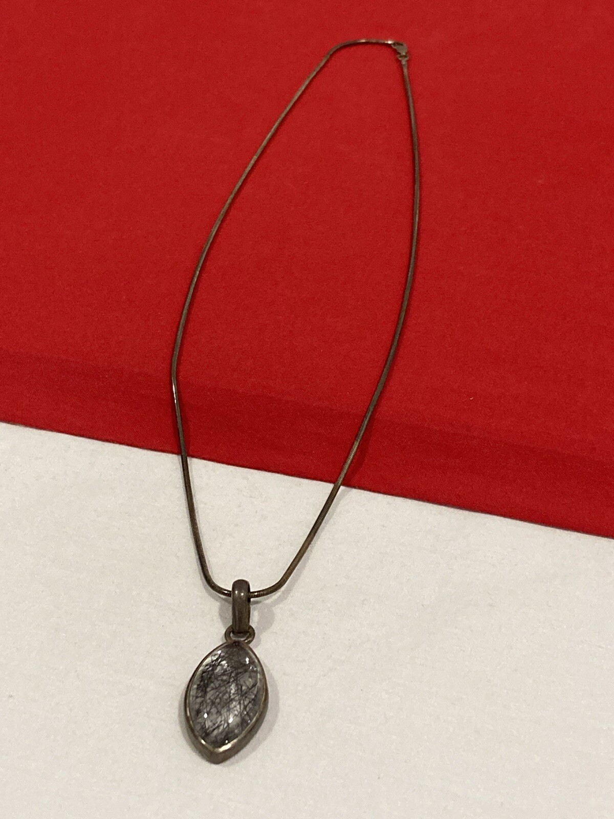 Vintage Signed Sterling Silver 925 Rutilated Quartz Pendant & 24″ AGI Necklace