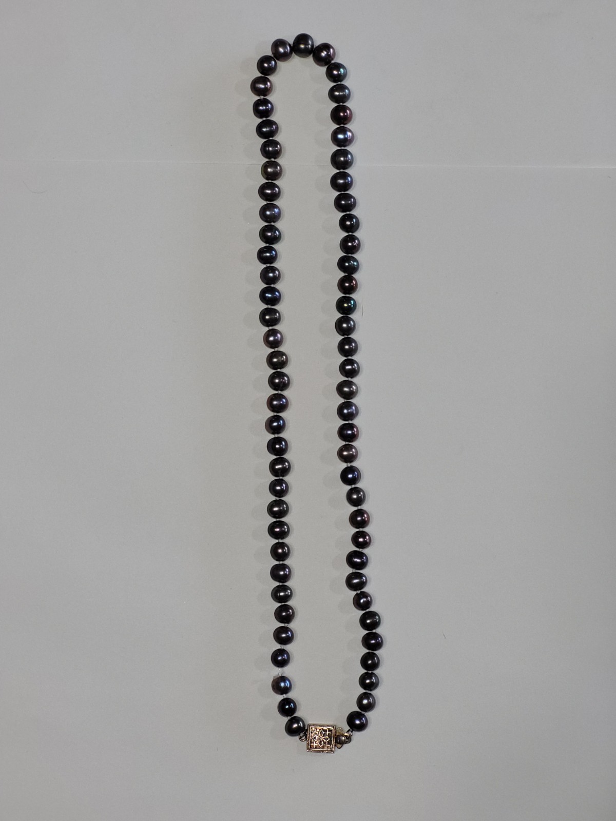 Black Freshwater Pearl Necklace 16″ 925 Silver Filigree Clasp Fine Fashion