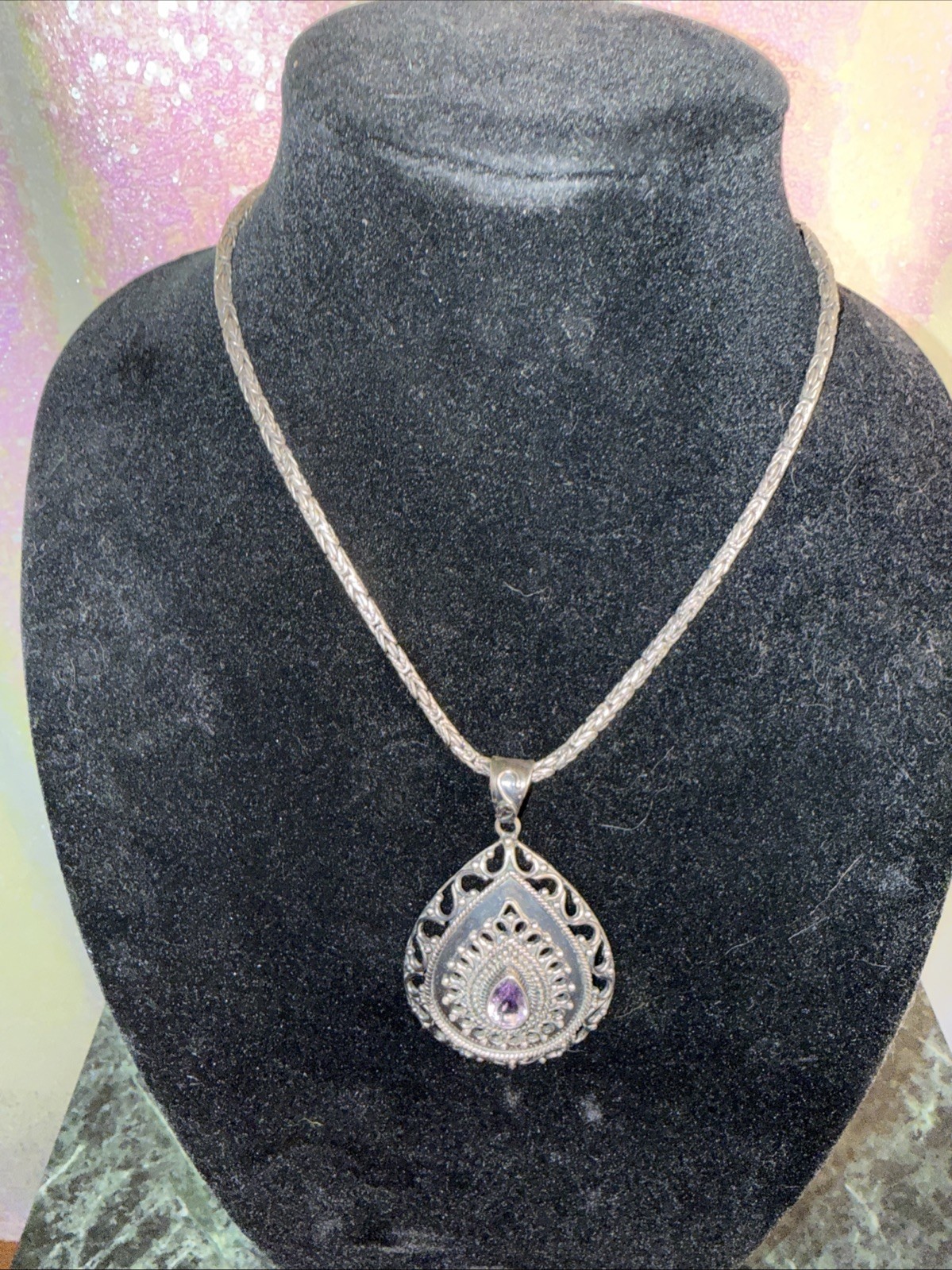 DP Oxidized Sterling Silver Large Tear Drop Amethyst Pendant Necklace India 18”