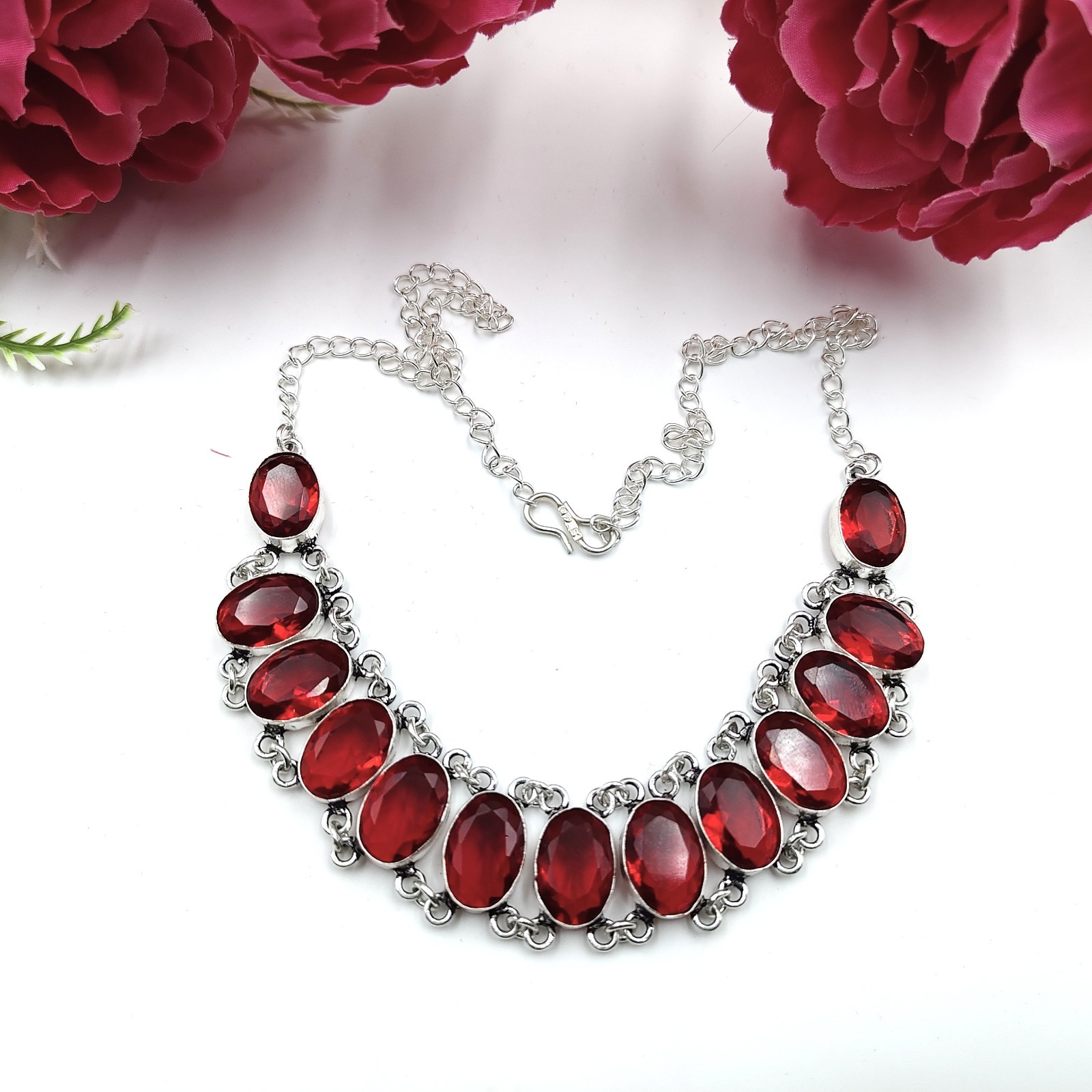 Red Garnet Gemstone 925 Sterling Silver Jewelry Necklace Size-17-18″