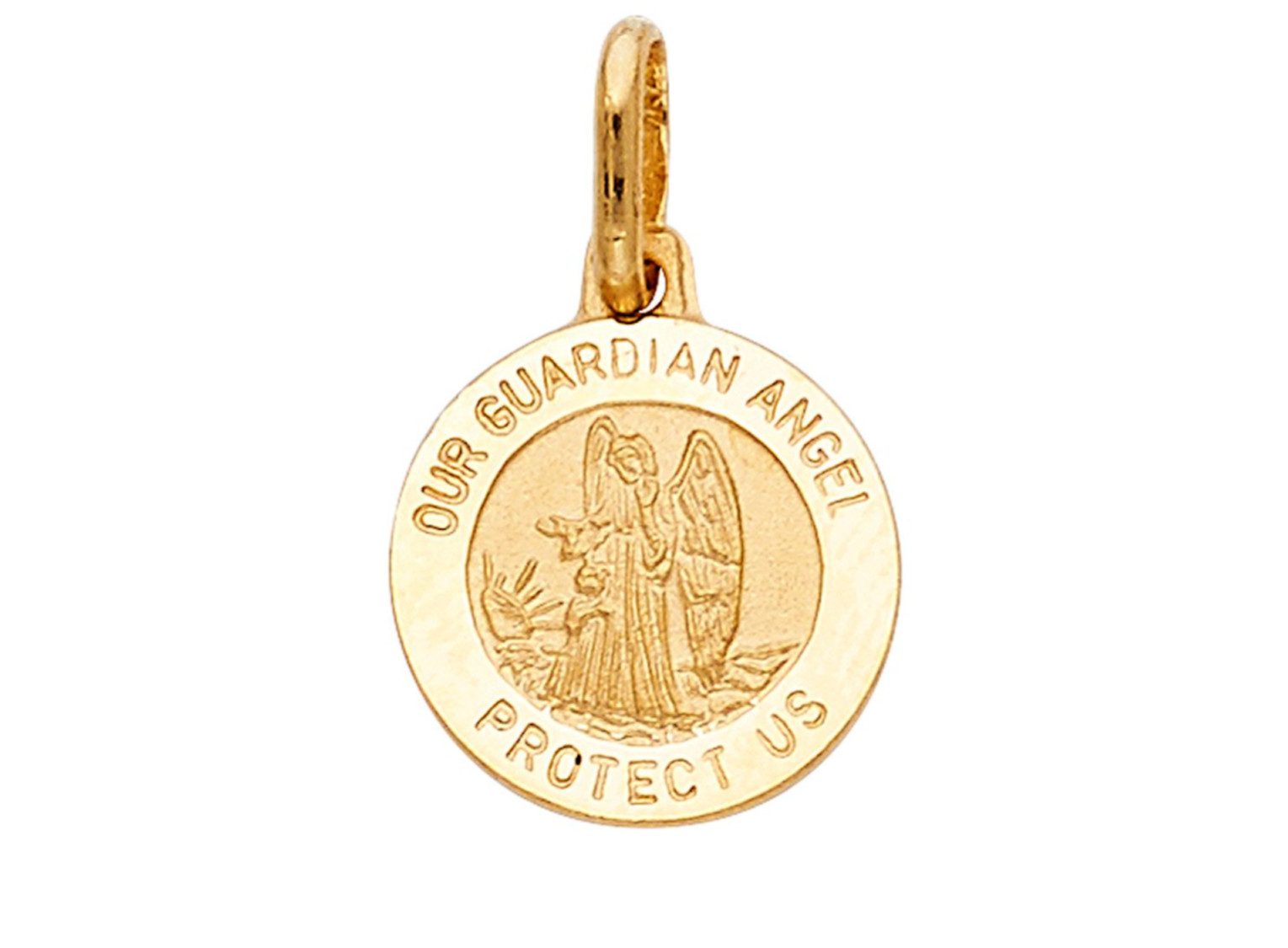 14K Solid Gold Guardian Angel Medal-14K Solid Gold 15mm Round Pendant -PT283