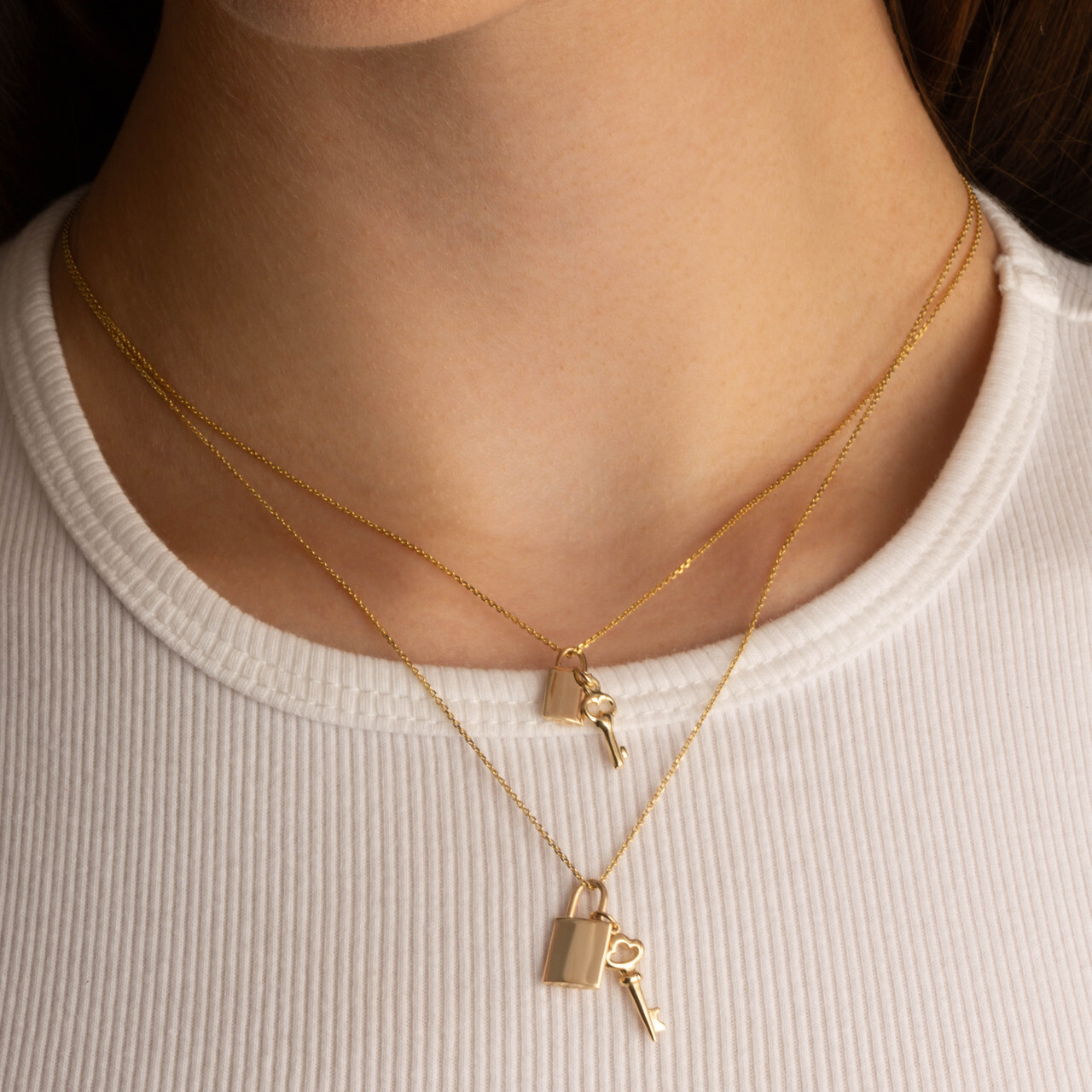 14K Yellow Gold Lock & Key Charm Pendant Necklace (Small/Large)