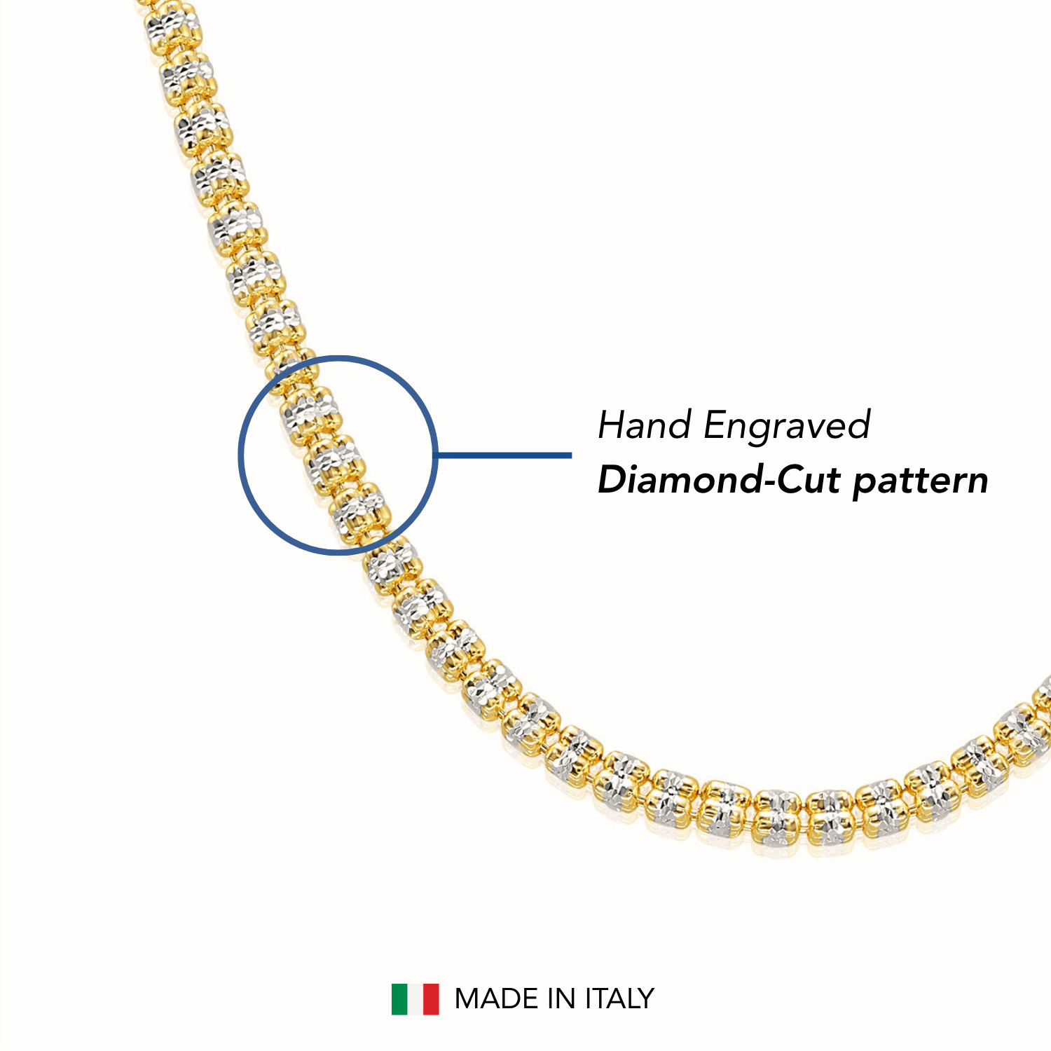 Two-Tone Gold 3mm 4mm Diamond-Cut Ice Chain Necklace 16″-24″ 925 Sterling Silver