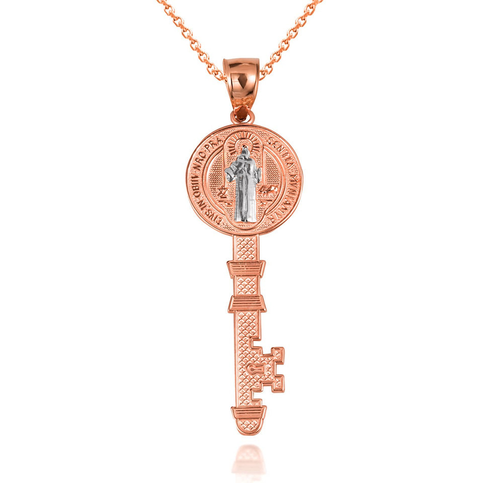 Two-Tone Gold Saint Benedict Medal Key Pendant Necklace (S/L)(Yellow/Rose/White)