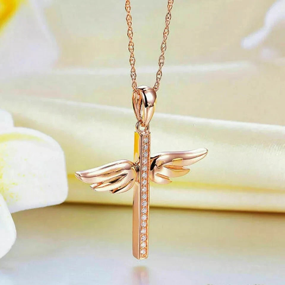 0.25Ct Round Cut VVS1/D Diamond Cross Pendant 14K Rose Gold Finish Free Chain