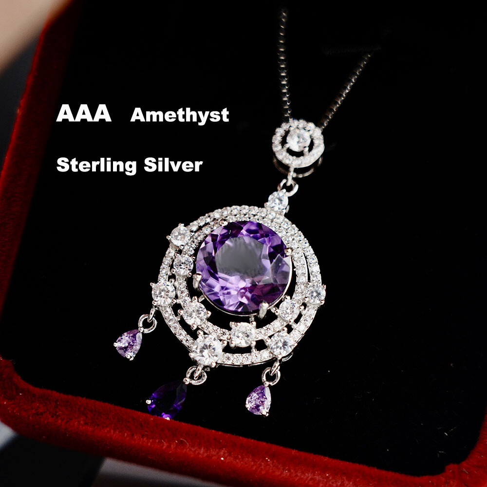 Genuine Real 925 Sterling Silver Purple Amethyst Gemstone Charm Pendant Necklace