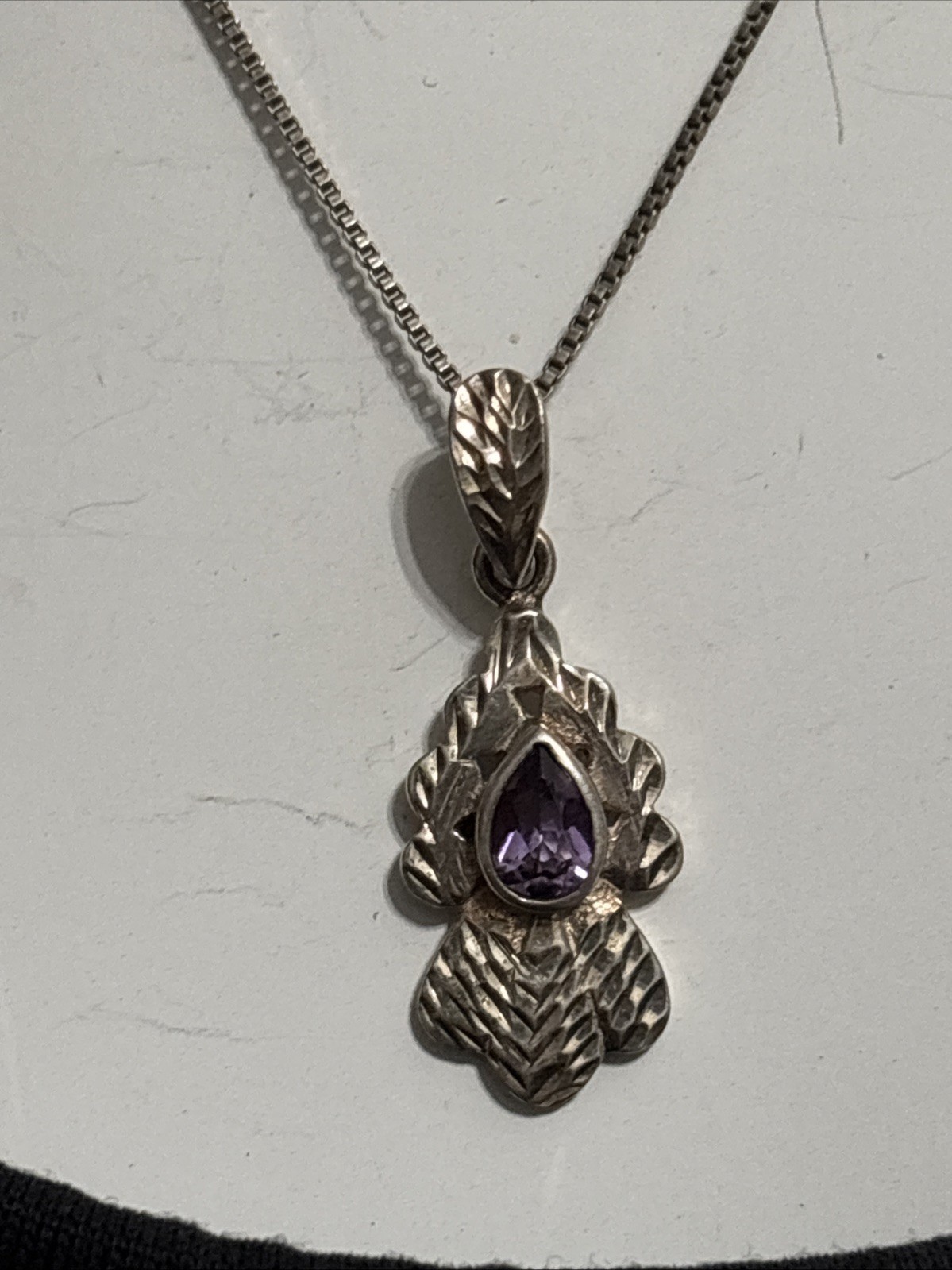 925 Italy Sterling Silver 18” Thin Box Chain & Amethyst Stone Pendant Necklace
