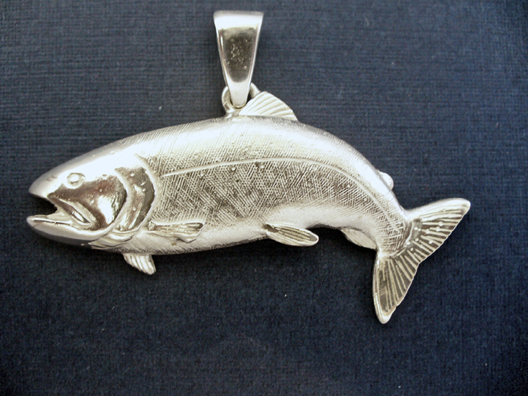 Men Fine Jewelry Pendant CHINOOK / KING SALMON Fish Fishing Sterling Silver
