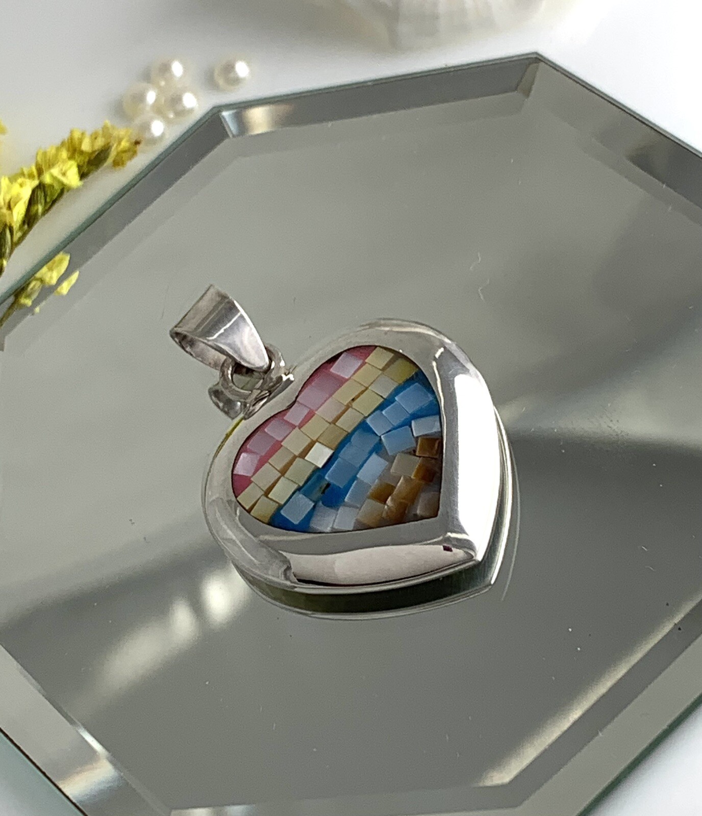 Pendant 925 Sterling Silver HQ Thai ATI Multicolor Mother of Pearl Mosaic Inlay