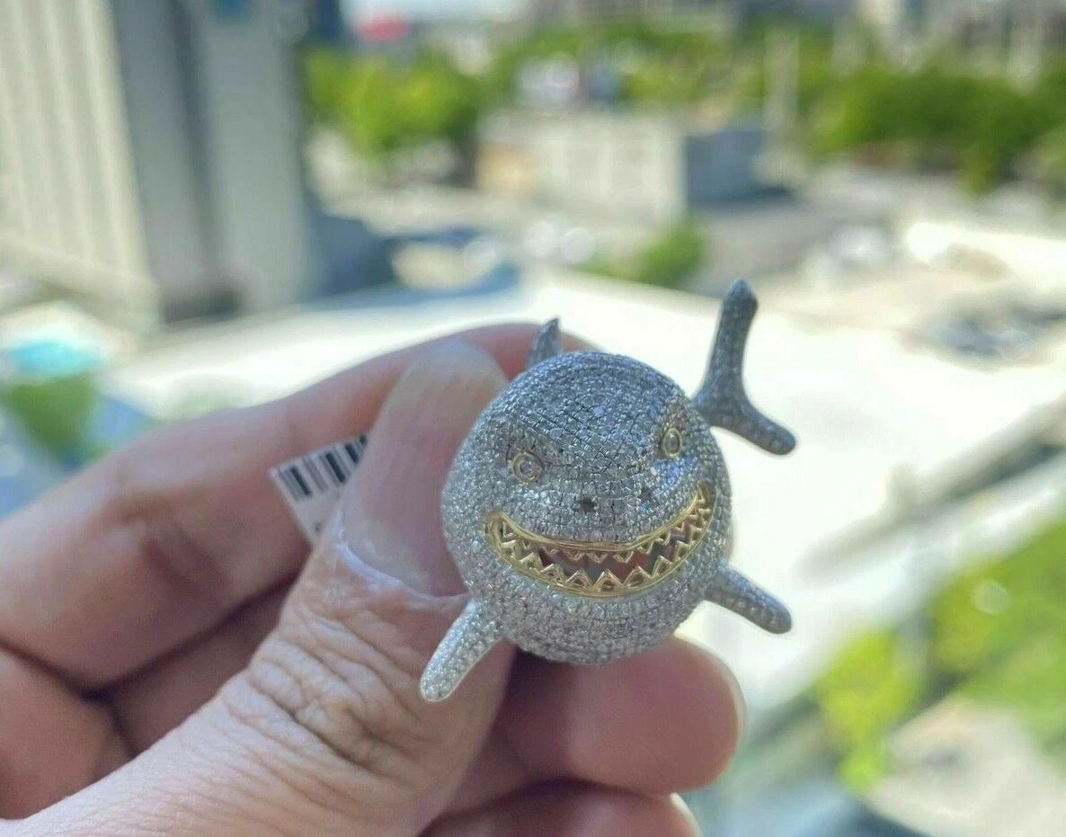 2Ct Pave Diamond Sharko Unisex Hip Hop Pendant 14k Yellow Gold Finish Free chain
