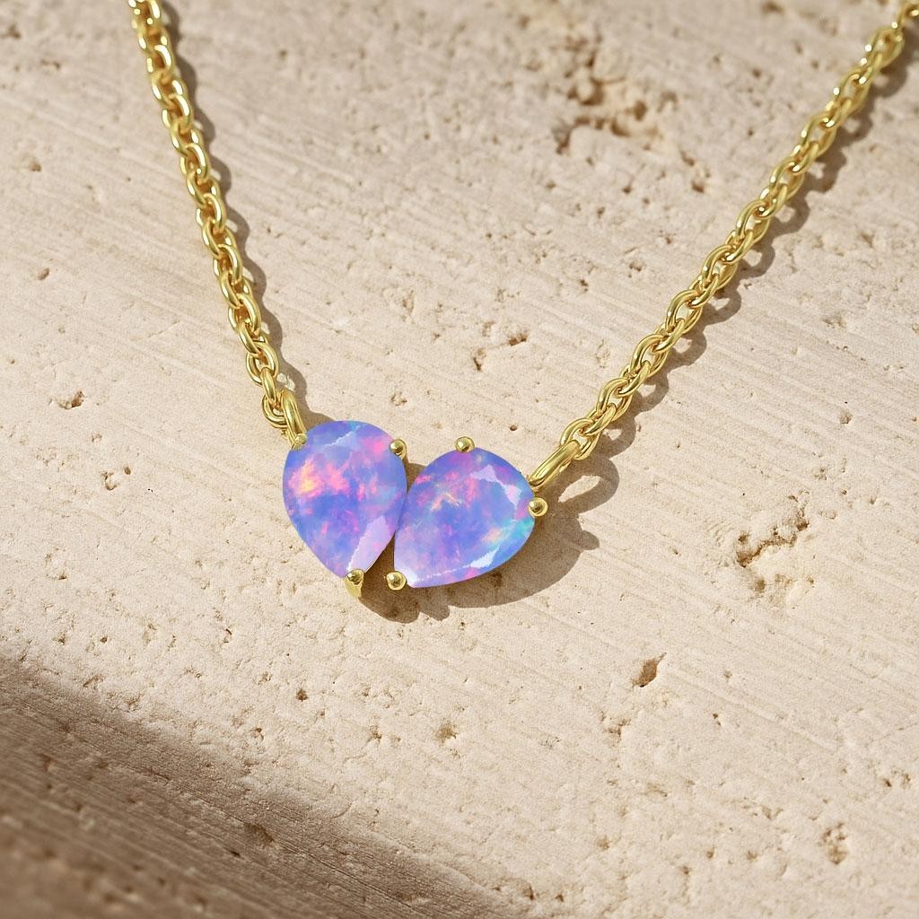 Lavender Opal Dual Pear Gemstone Necklace, Genuine Opal Chain Pendant Necklace