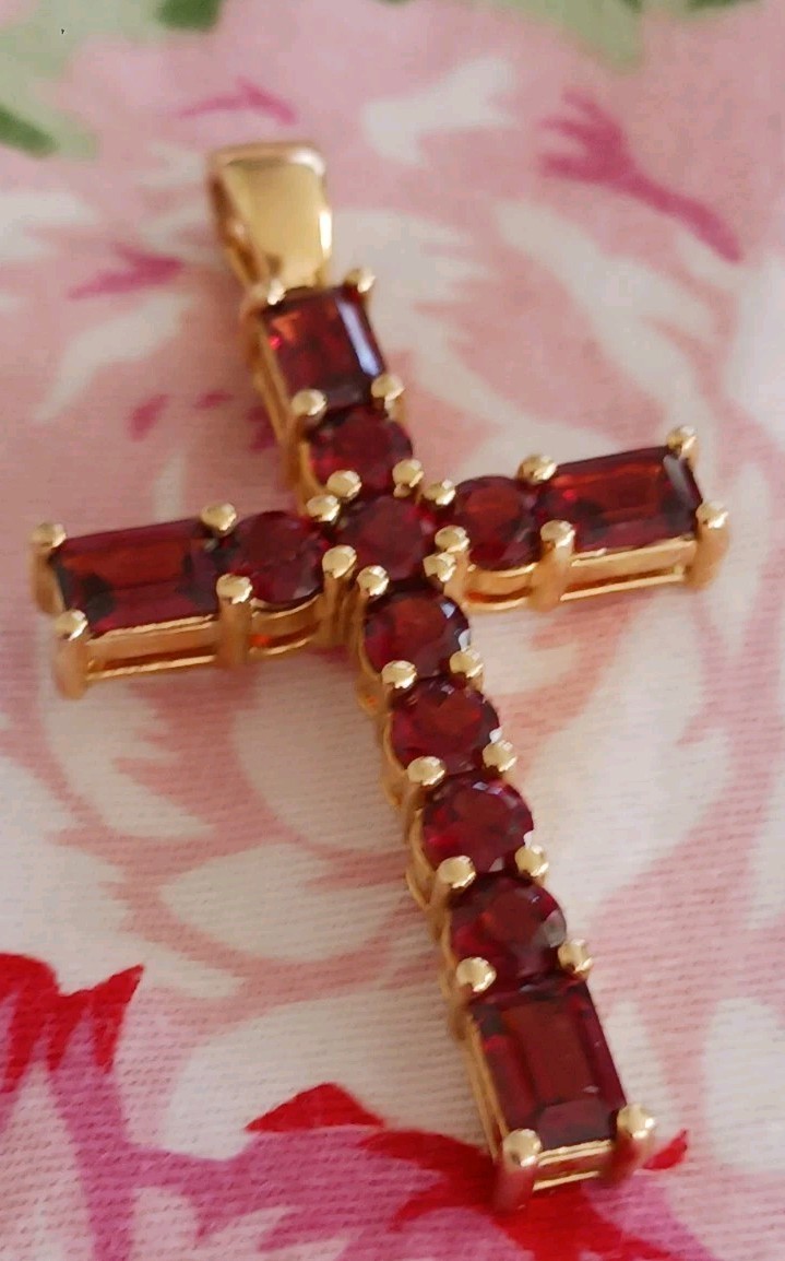 🌸JTV, VERMELLO GARNET, “ENHANCER”, CROSS, DESIGNER, FANCY “R” 18K OVER STERLING
