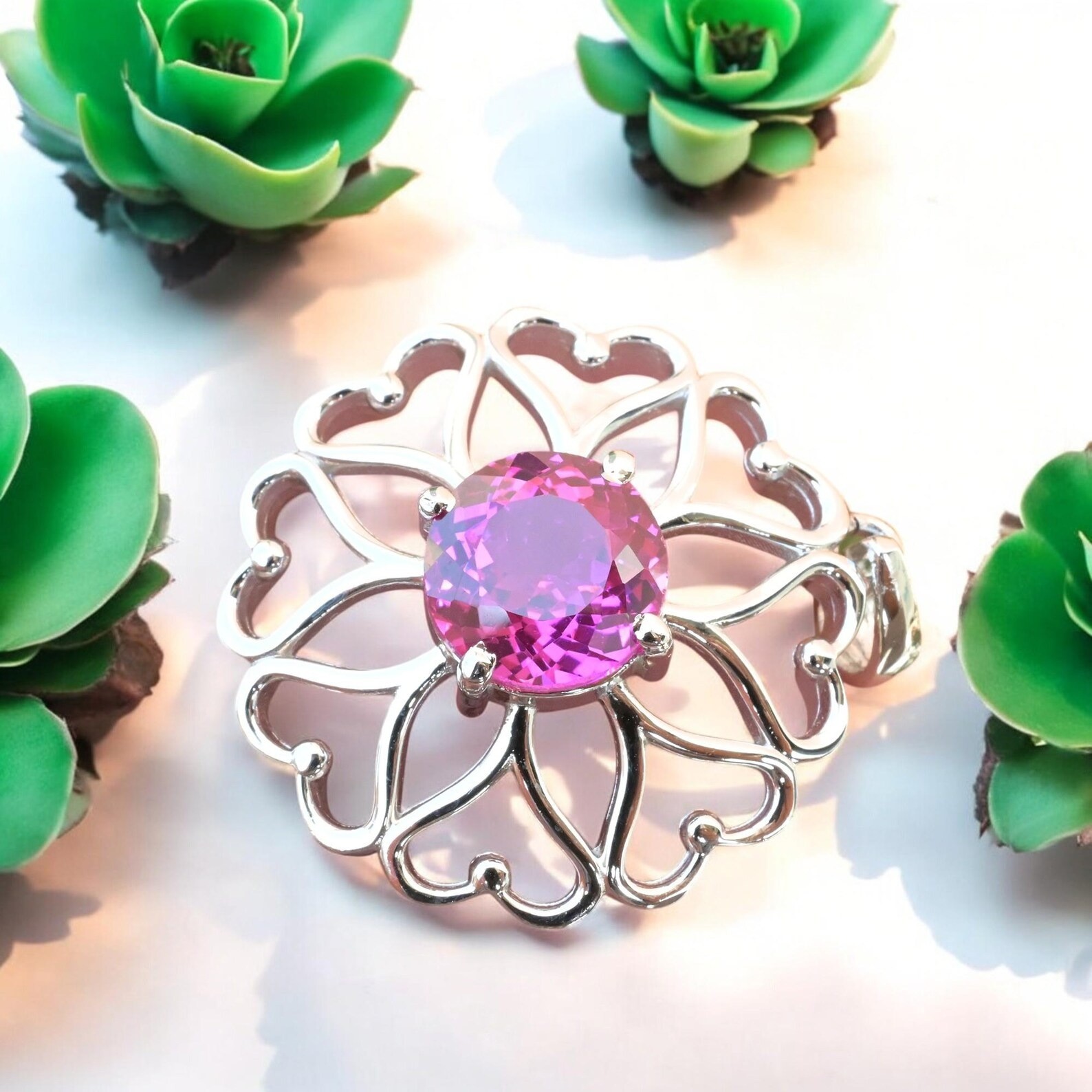 Certified Pink Sapphire 32 Ct Flower Shape Pendant 925 Sterling Silver MG002