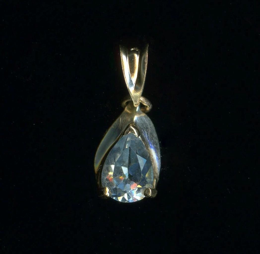 10K Fine Solid Yellow Gold 8mm Pear Blue Topaz Gemstone Solitaire Pendant *HN