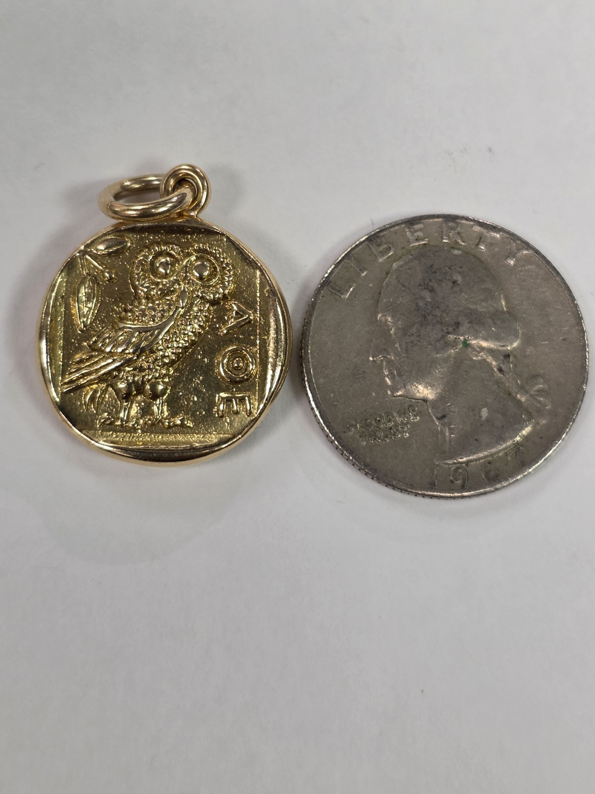 18k Yellow Gold Owl of Athena Coin Replica Pendant Charm