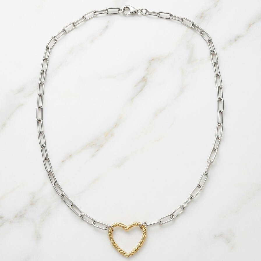 Paper Clip Oval Link Chain Heart Necklace 14K Two-Tone Gold Plated 925 Silver