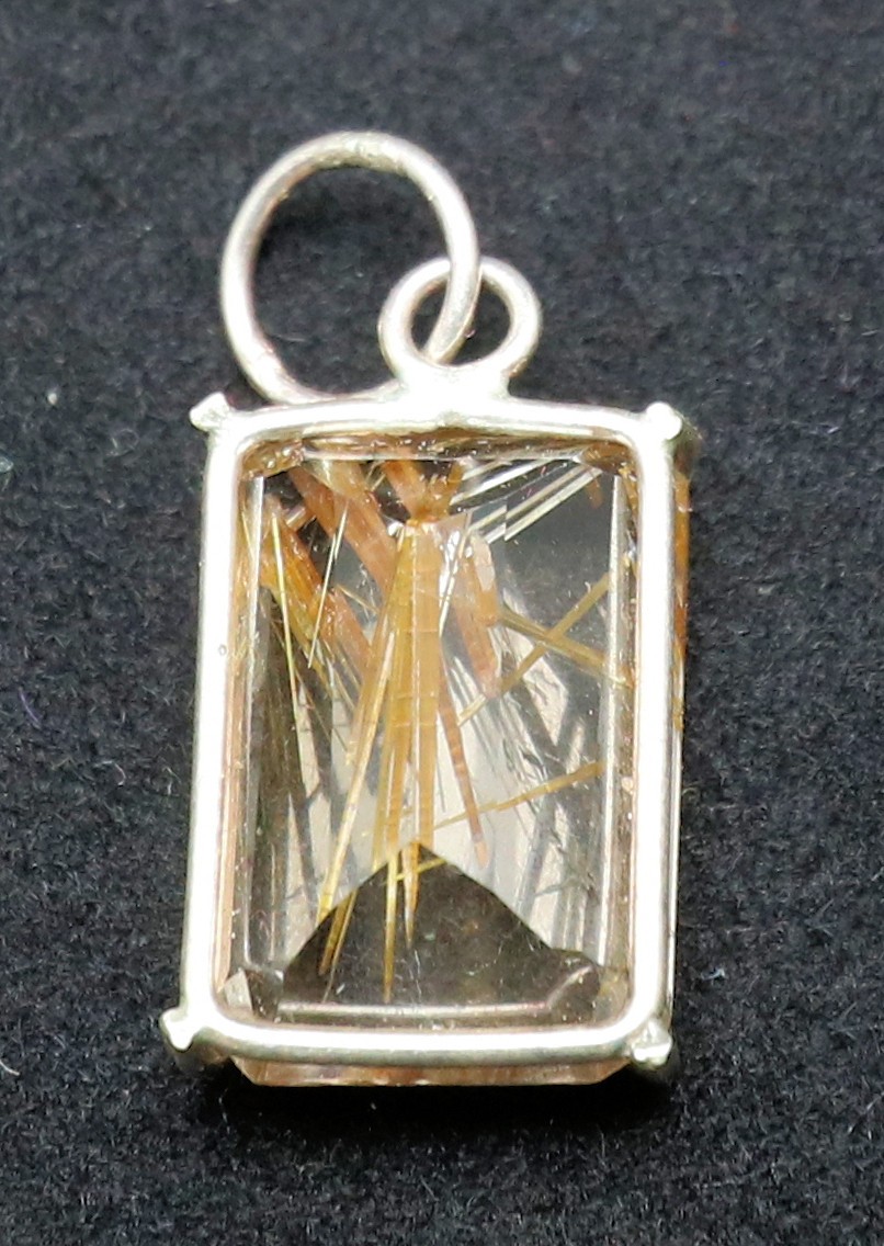 Vintage Rutilated Quartz Faceted Gold Pendant 3/4 x 1/2 x 1/2 Inch