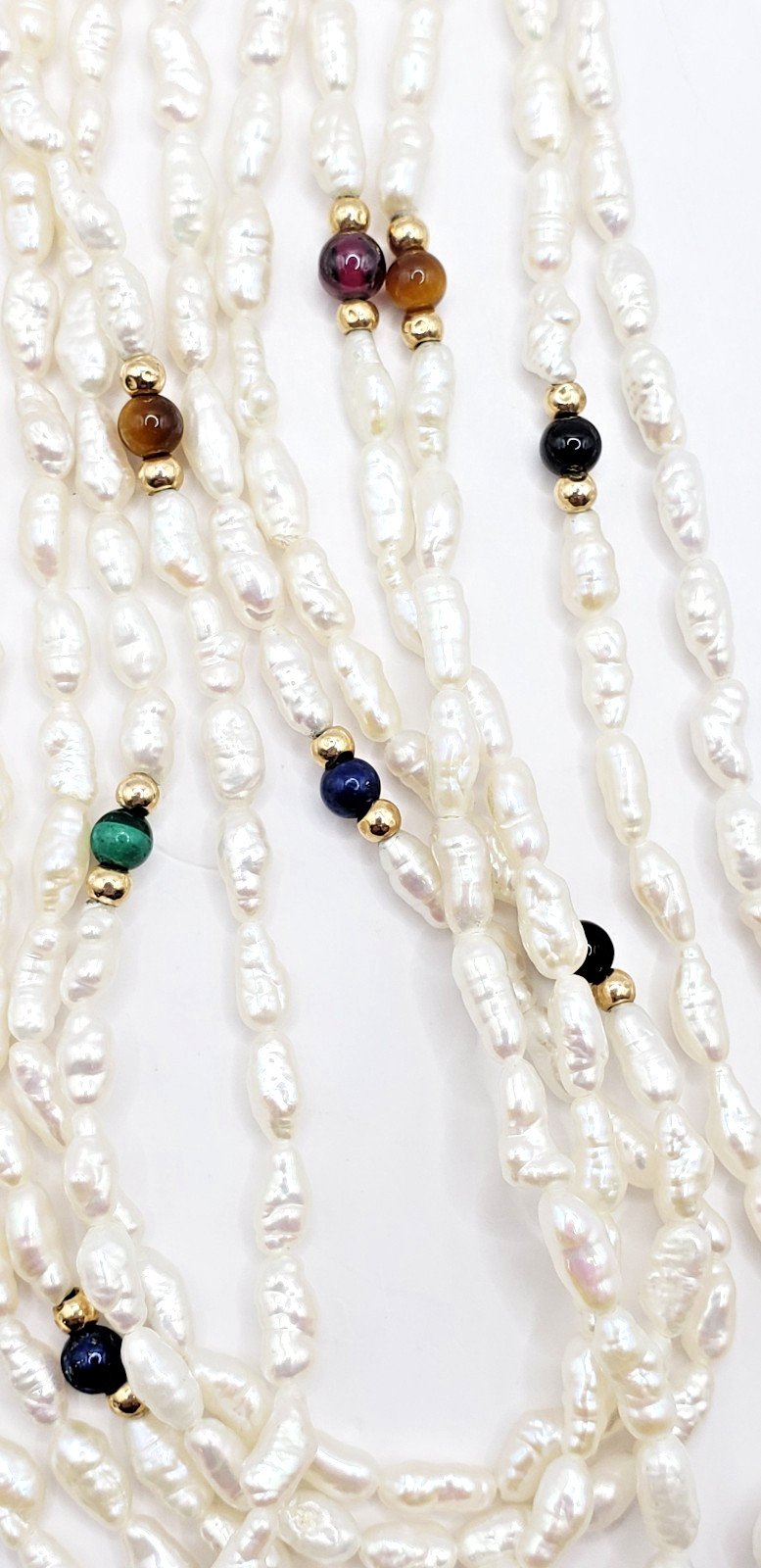 14K Gold Clasp 3 Strand Lapis & Multi Gemstone Rice Seed Pearl Necklace 33 Inch