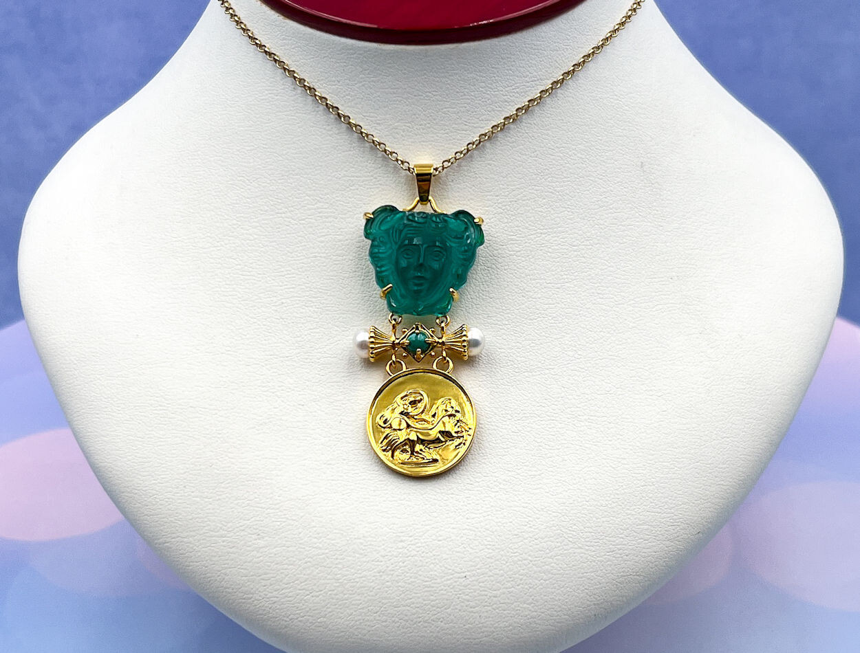 TAGLIAMONTE (2179P) 925SS/YGP Venetian Cameo Pendant *Malachite, Pearls*Reg.$200