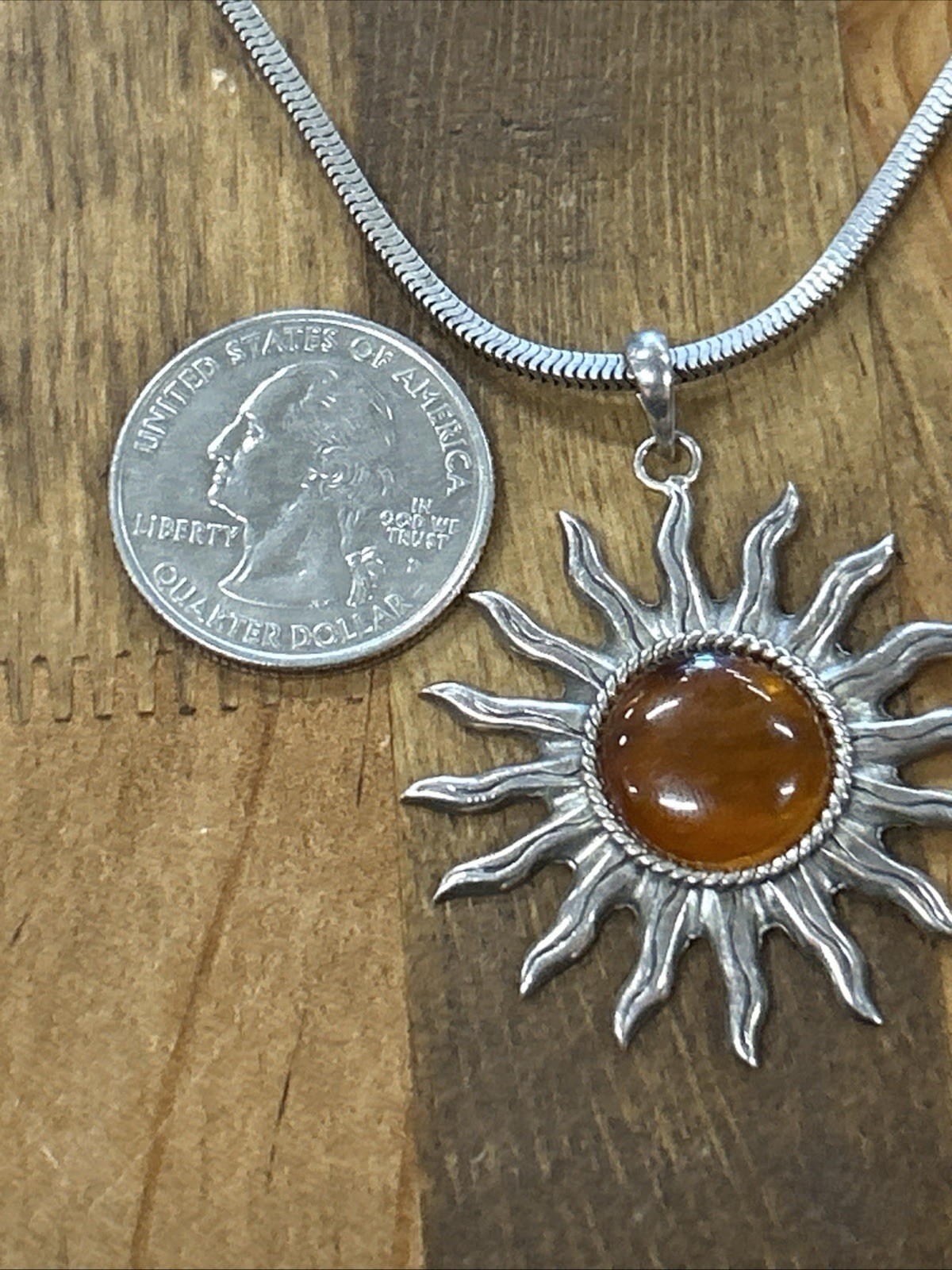 23.5” Les Bernard Inc. 925 Silver Square Snake Chain Amber Sun Pendant Necklace