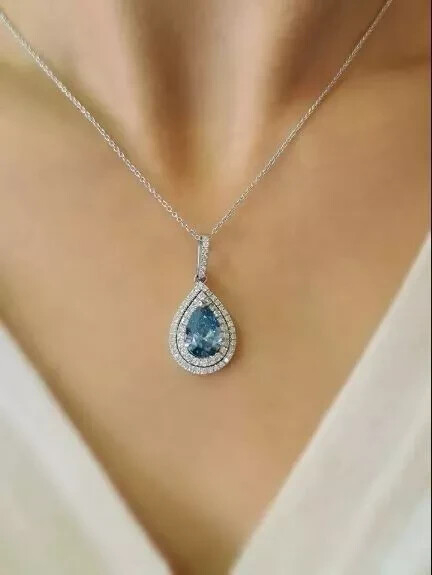 14K White Gold Plated 2.00Ct Pear Cut Lab Created Topaz Halo Pendant Necklace