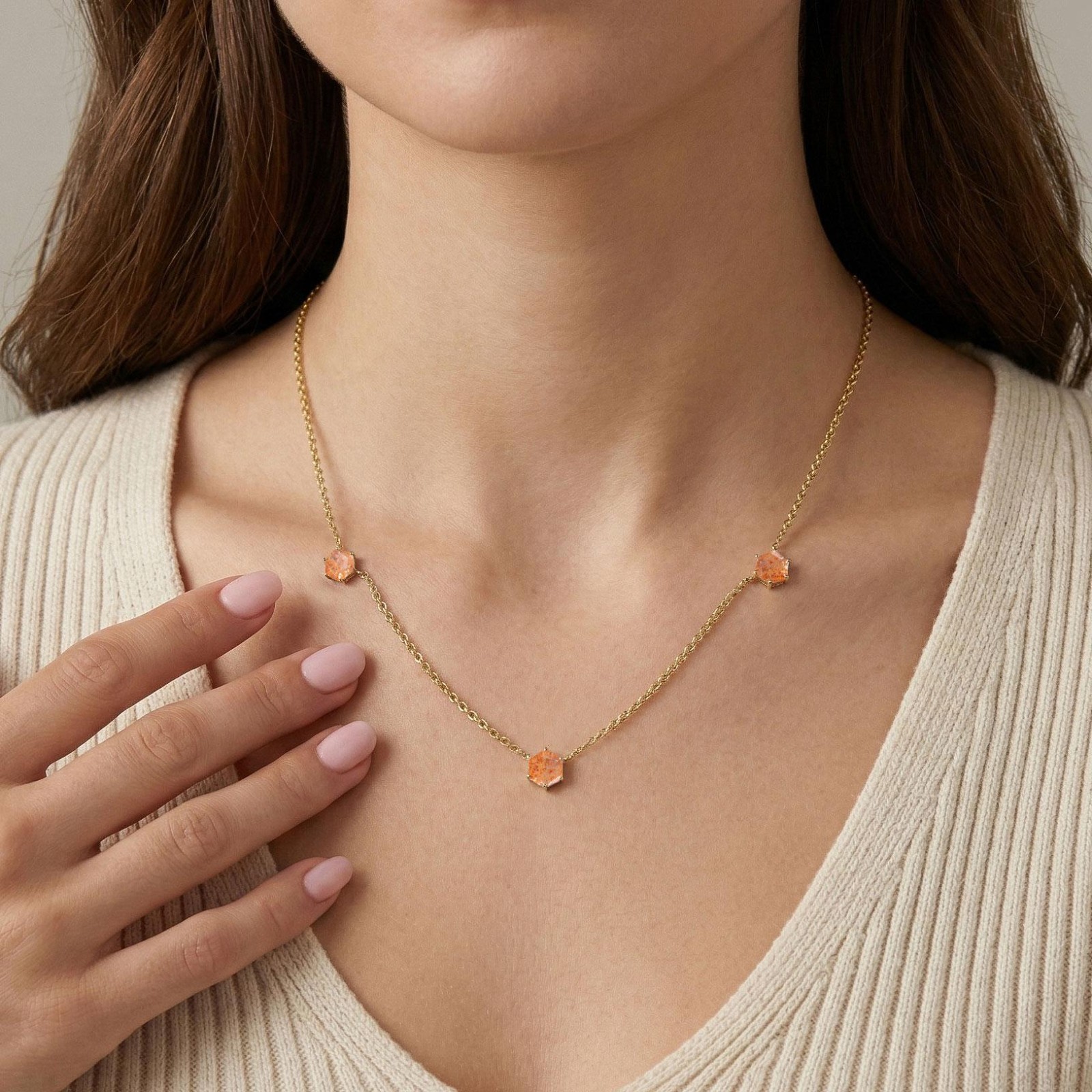 Sunstone Station Necklace, Warm Tone Gemstone Necklace, Hexagon Sunstone Jewelry