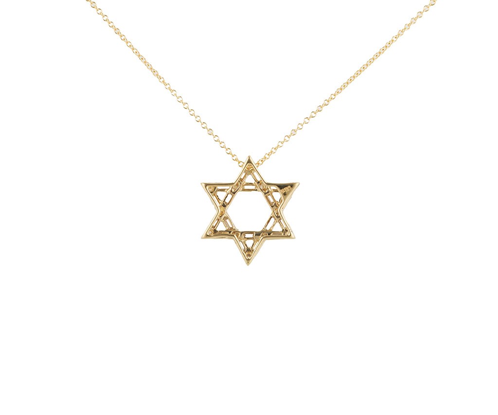 New 0.78ctw Baguette and Round Diamond Star of David Pendant Necklace in 14K