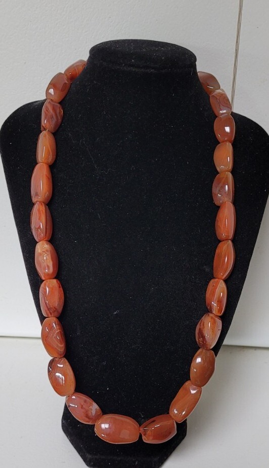 420ct Vintage 52cm Sterling Silver Orange Carnelian Banded Agate Bead Necklace