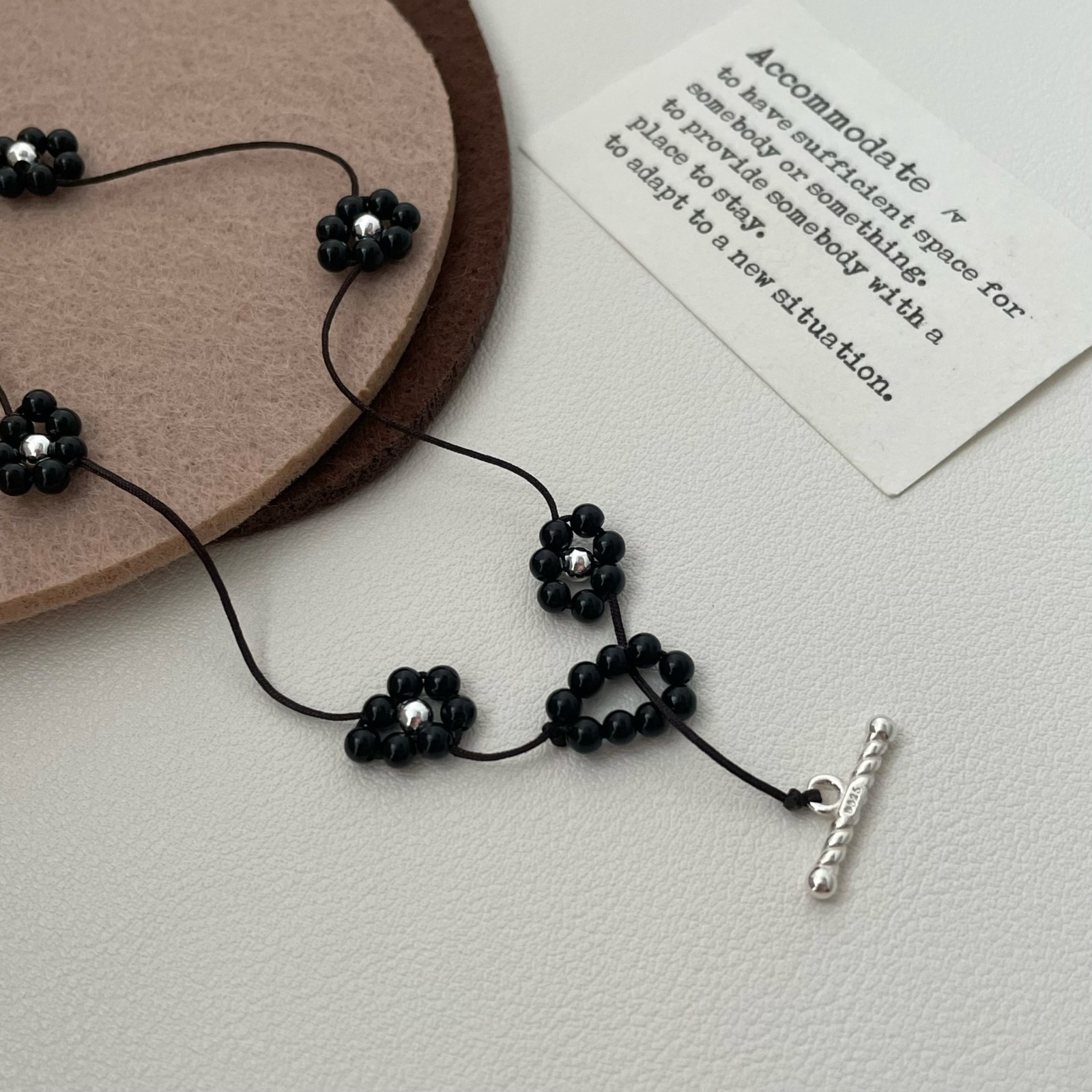 Dainty Black Flower Beaded Choker Necklace S925 Silver Minimalist Korean Jewelry