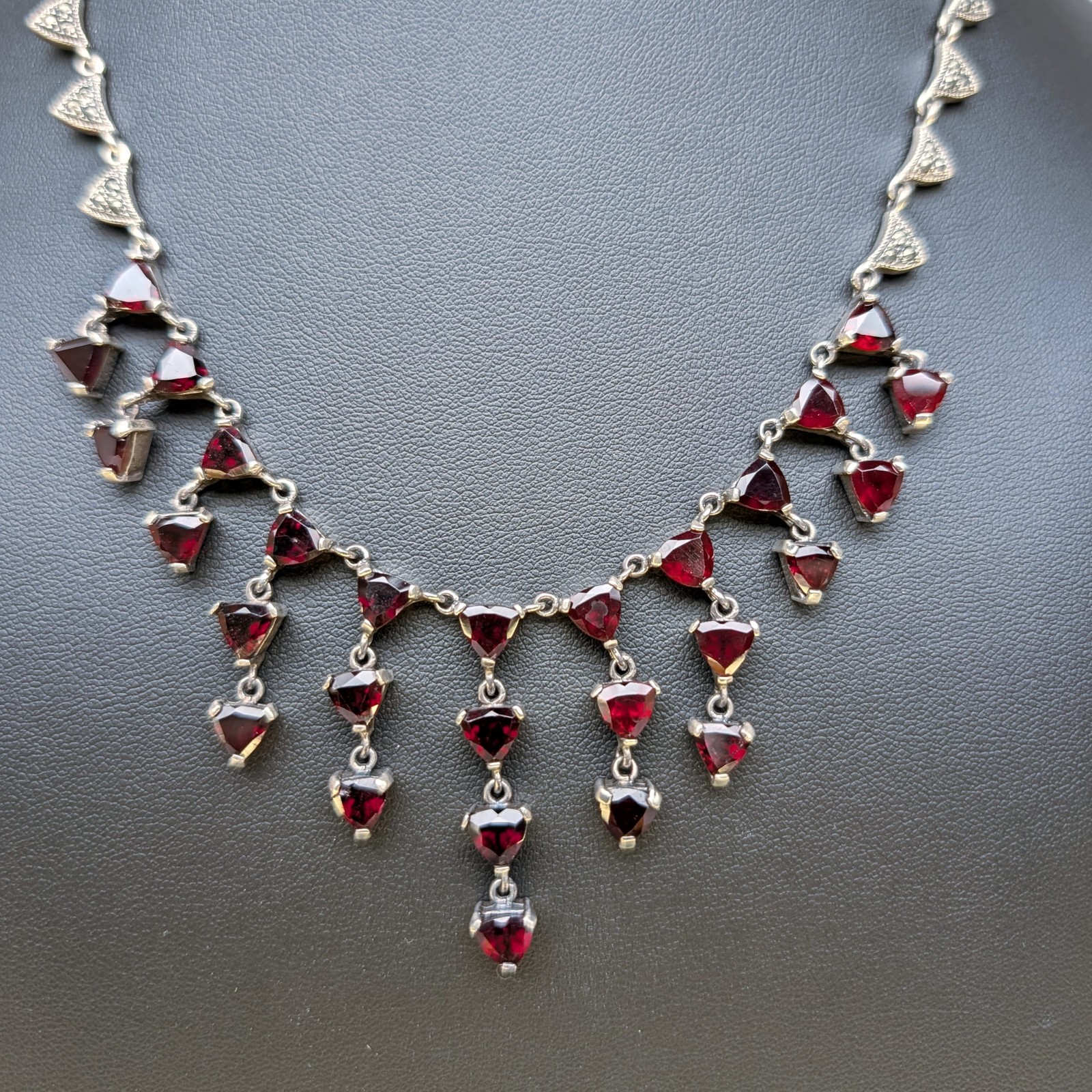 Sterling Silver 925 Garnet Marcasite Choker Necklace Red Dangles Fringe
