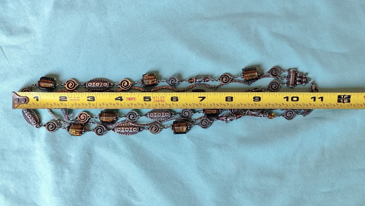 Sterling Silver 925 Multi Strand Bar Link Necklace With Amber Art Glass Boho