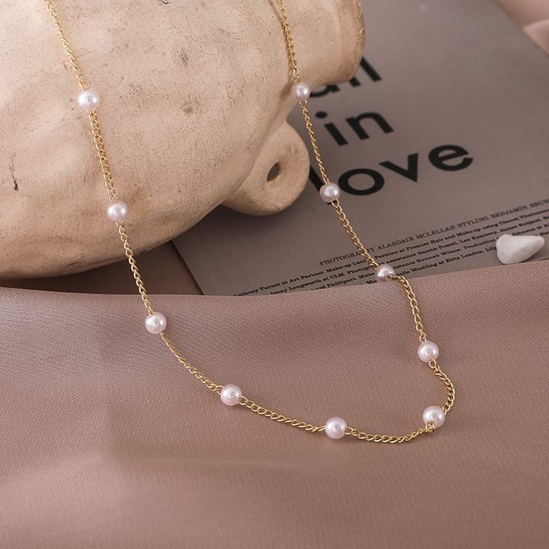 Pearl Choker Necklace for Women,18k Gold Tiny Chain Dainty Charm Adjustable Aest