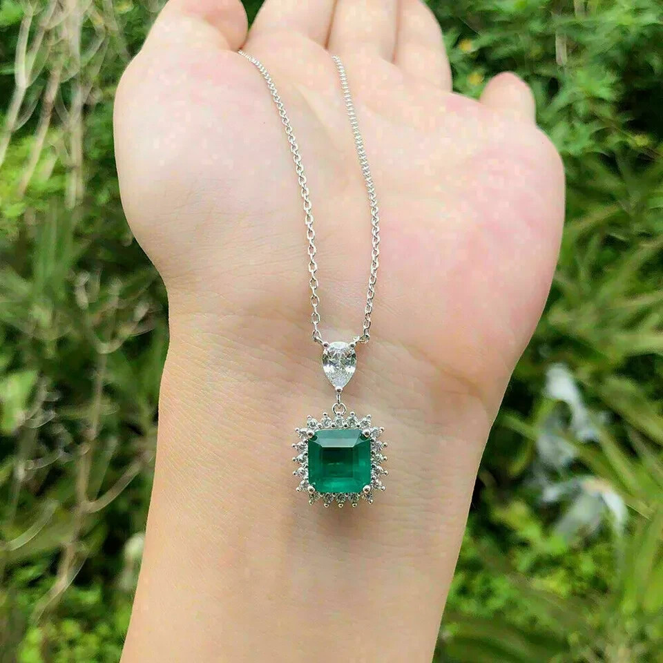 3Ct Asscher Cut Green Emerald Diamond Halo Pendant 14K White Gold Finish Chain
