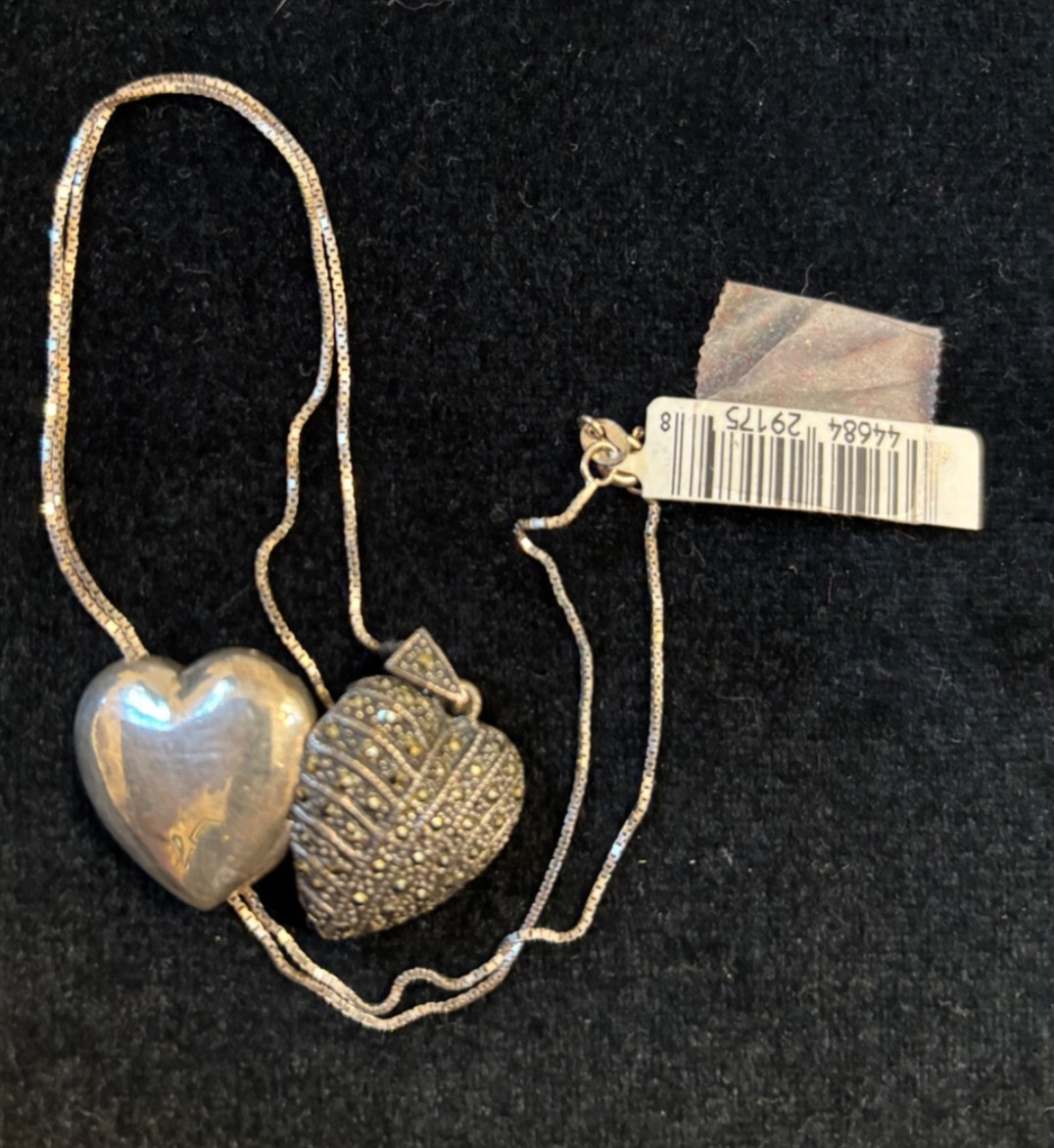 STERLING & MARCASITE HEART LOCKET & CHAIN OPENS FOR PHOTOS ORIGINAL TAG