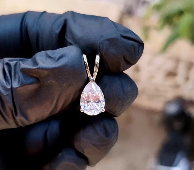 2Ct Pear Cut Lab Created Diamond Solitaire Pendant 14K White Gold Plated Silver