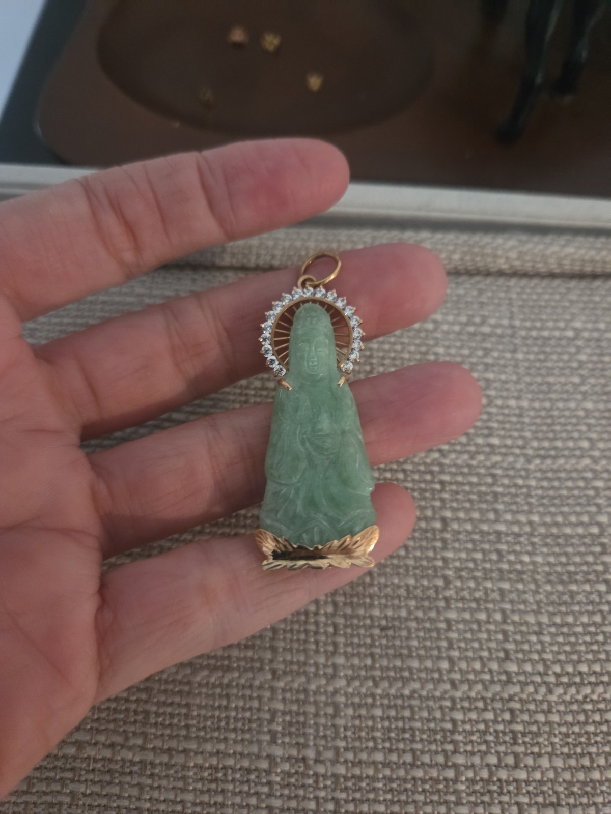 Higher Than 14K Solid Gold Guanyin Kwan Yin Female Buddha Jade Pendant