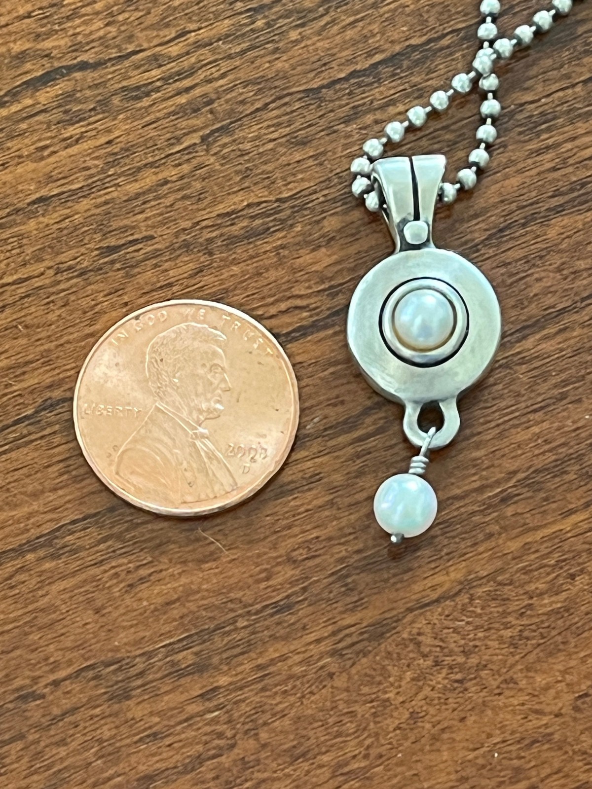 Lisa Jenks Vintage 925 Sterling Silver 20″ Ball Chain w/ Pearl Drop Pendant