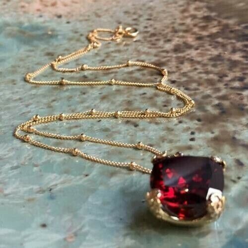 14k Yellow Gold Plated Silver 2.67Ct Lab Created Garnet Pendant 18 Chain Cushion